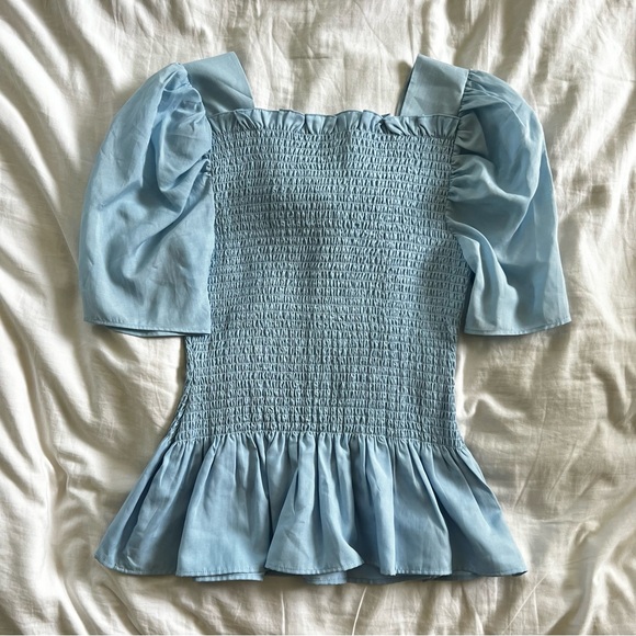 NWOT Rachel Parcell Puff Sleeve Smocked Peplum Light Blue Top Women’s XS - Picture 4 of 5